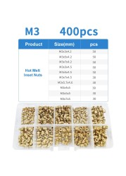 M3 400pcs Copper Hot Melt Inside Nuts Assorted Thread Brass Knurled Threaded Insert Embedment Nuts Set