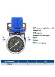 AR2000 1/4 ''هوائي صغير ضغط الهواء الإغاثة التحكم ضاغط منظم وحدات المعالجة صمام قياس المناسب