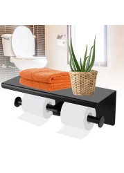 Wall Mounted Black Toilet Paper Holder Stainless Steel Tissue Paper Roll Holder With Mobile Phone Holder