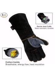 KIMYUAN - Heat Resistant Welding Gloves, 016/017L, Ideal for Cooking, Baking, Stovetop, Animal Handling, BBQ, Black-Grey, 14/16 inch