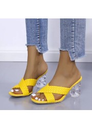 2022 summer new woven high heel crystal square toe fashion ladies sandals beach slippers casual women's shoes