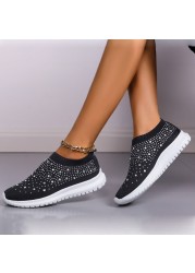 Lucifer Shiny Crystal Knitted Sneakers Women 2022 Spring Breathable Mesh Flats Woman Plus Size Slip On Running Shoes Casual Shoes 43