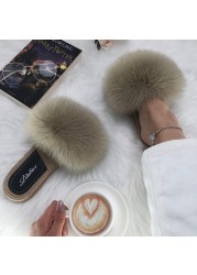 Real Fox Fur Slides Summer Women Faux Espadrilles Slippers Ladies Fluffy Flip Flops Luxury Furry Sandals Shoes 36 37 38 39 40