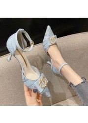 2022 Autumn Spring Women's Pumps New Pointed High Heels Thin Heel Sandals Woman Head Hollow Button Single Shoes