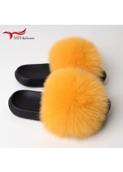 Real Fox Fur Slippers Women Summer Indoor Fluffy Flat Raccoon Fur Slides Outdoor Fashion Casual Beach Shoes Plus Size Shoes