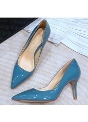 Women Classic Wedding Bridal Shoes Pointed Toe 6cm Thin Pumps High Heel Red Blue White Patent Leather Lady Pumps Big Size O0010