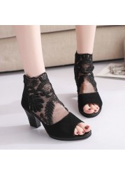 New Sandals Women Fish Mouth Flower Mesh Breathable Thick Heel Dance Shoes Women's Sandals Sandalias De Mujer Chaussure Femme