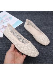 Women Transparent Lace Soft Flats Ladies Square Toe Sexy Black Boat Shoes Summer Breathable Beige Non-slip Flat Shoes 35-40