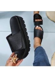 Rimocy Black PU Leather Platform Slippers Women Plus Size 43 Thick Soled Sandals Woman 2022 Summer Non-slip Slides Female Shoes