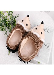 ASILETO-Winter Warm Slippers for Men and Women, Unisex Slippers, Round Toe, Cute Hedgehog, Large Size 35-43, Brown, Indoor Home F999