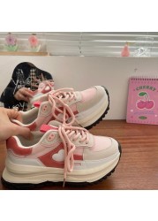 QWEEK 2022 New Korean Women Sneakers Strawberry Pink Kawaii Love Sports Daddy Shoes Versatile Casual Platform Vulcanize Tennis