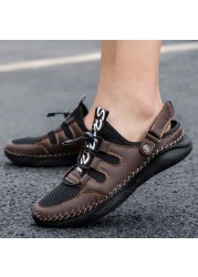 Summer Men's Sandals Genuine Leather Mesh Beach Outdoor Breathable Comfortable Slippers Rubber Classic Non-slip Big Size38-48