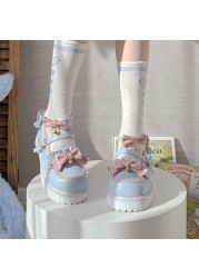 Kawaii Women's Platform Sandals Bow Patchwork Zapatillas Mujer 2022 Spring Japanese Style Buckle Bells Girls Lovely Lolita Shoes