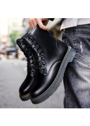 Fashion Autumn Men Boots Leather Warm Ankle Boots Couple High Top Waterproof Motorcycle Boots Plus Size Shoes 35-47