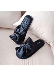 Satins silk bow peep toe home slippers women 2021 new fashion sandals korea slip on shoes women bedroom slippers flip flops