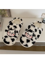 Women Cute Animal Slippers Girls Fashion Kawaii Fluffy Winter Warm Slippers Cartoon Milk Cow House Funny Slippers Chaussure Femme