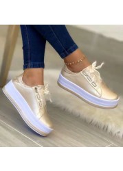 Rimocy Plus Size Thick Bottom Sneakers Casual Woman Lace Up Platform Shoes Women Gold Silver Round Toe Flat Shoes Ladies 43