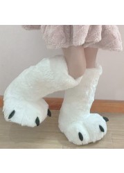 Women Creative Cute Plush Bear Paw White Long Tube Cotton Shoes Couple Indoor Winter Home Warm Cartoon Non-slip Fuzzy Slippers