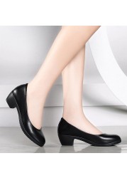 Pofulove Women's PU Leather Shoes Black Square Heels Pumps Office Ladies Shoes Zapatos De Mujer Fashion Design Sexy