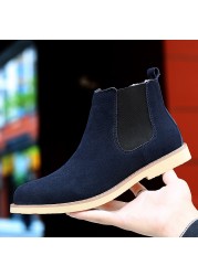 Chelsea Mens Boots 2021 Winter Fur Warm Ankle Blue Slip On Boots High Quality Genuine Leather Man Leisure Boots Male Botas