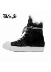 High quality black fur street leather custom PU lace-up boots