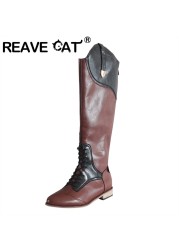 REAVE CAT Winter Over the Knee Western Boots Horse Riding Boots Ladies Long Tube British Leather Retro Pointed Toe Low Heels 12 A4369