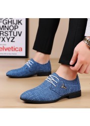 Men's classic business shoes man dress shoes fashion korea pointed toe lace-up formal wedding shoes men blue hemp 2021 new