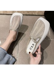Rimocy Crystal Breathable Mesh Mules Shoes Women Summer Comfort Soft Bottom Platform Shoes Woman Square Toe Non-slip Beach Shoe