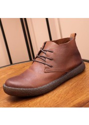 Vintage Genuine Leather Ankle Boots Spring Autumn Hight Top Casual Shoes Full Grain Stitching Soft Bottom Rubber Boots GZ2258