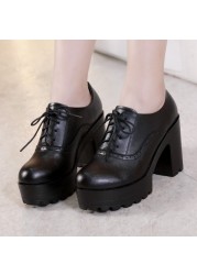 High Heel Shoes Show Women Single Shoes Thick Heel Plush Lace Up Thick Soled Leather Shoes Women's Shoes Zapatos De Mujer