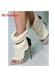 Solid Stitched Pearl Hollow Sandals Women Platform Shoes Sexy Thin High Heel Sandals Special Style Prom Summer Shoes Design