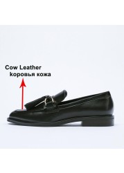 Meotina INS ZA Women Loafers Genuine Leather Flat Shoes Metal Decoration Tassel Round Toe Lady Shoes Spring Autumn Black 43