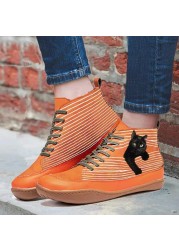 Women Winter New Genuine Leather Shoes Women 2021 Cross Straps Flat Bottom High Quality Printing Cat Boots Warm Comfortable Socks