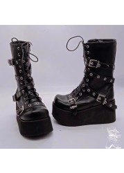 Plus Size 43 Autumn Women Boots Buckle Round Toe Wedges Platform Boots Punk Goth INS Women Street Shoes Combat Boots For Women