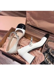 French women's shoes retro Mary Jane women's shoes thick heels 2021 new color matching high heels shallow pearl shoes