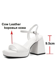 Meotina Women Genuine Leather Shoes Super High Heel Platform Sandals Buckle Thick Heel Square Toe Ladies Sandals Summer Black