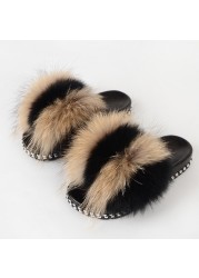 Fur Slippers Women Real Fox Fur Slides Fluffy Home Slippers Luxury Flip Flop with Fur Ladies Platform Sandals Summer Shoes Women