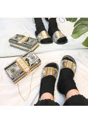 Glitter Slippers Women Summer Sandals Female Bling Slides and Matching Purse Set Dollar Diamond Flip Flops Flat Shoes Outdoor