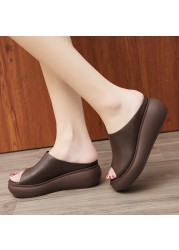 Rimocy Thick Bottom Women Summer Slippers Outdoor Beach PU Leather Slides Female Vintage Peep Toe Platform Slippers Sandals 2021