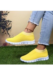 Rimocy Yellow Stripe Knitted Socks Sneakers Women Spring Summer Slip On Flat Shoes Woman Plus Size Mesh Breathable Running Shoes