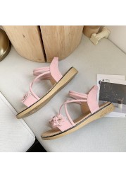 2021 summer ladies pink suede rhinestone flower elastic band platform sandals women ankle strap peep toe flat shoes size 35-39