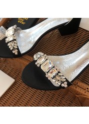 Women Sandals Rhinestones Sparkly Wedding Shoes Satin Daily Work High Heels Ankle Strap Black Sandalias Summer