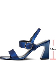 Meotina Genuine Leather Women Fashion Shoes Buckle Square Toe Sandals Thick Heel High Heels Women's Shoes 2022 Summer Blue