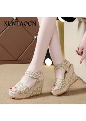 Women Sandals New Summer Fashion Lace Hollow Gladiator Wedges Shoes Woman Slides Peep Toe Hook & Loop Solid Lady Casual