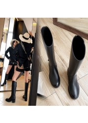 Women knee-high boots natural leather shoes plus size 22-27cm length 6cm heel cowhide autumn and winter warm plush boots
