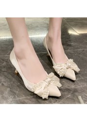 Lucifer Women Pearl Bowknot Stiletto Heel 2022 Pointed Toe Silk Wedding Party Shoes Elegant Feminine Shallow Mouth Shoes