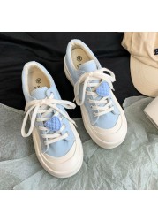 QWEEK Platform Sneakers Korean New Blue Love Kawaii Canvas Casual Sneakers Women Spring and Autumn Vulcanize Tennis Running