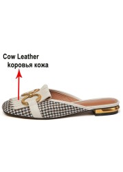 Meotina Women Mules Shoes Genuine Leather Flat Shoes Fringe Metal Decoration Square Toe Women's Shoes Spring Autumn Brown 40