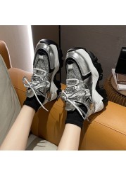 Rimocy Glitter Silver Chunky Sneakers Women Street Fashion Thick Sole Vulcanized Shoes Woman 2022 Spring High Platform Sneakers