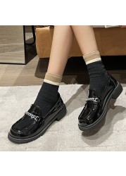 Lucifer Pearl Chain Platform Loafers Women 2022 Round Toe Slip On Pu Leather Shoes Woman Black Med Heels Student Shoes Female